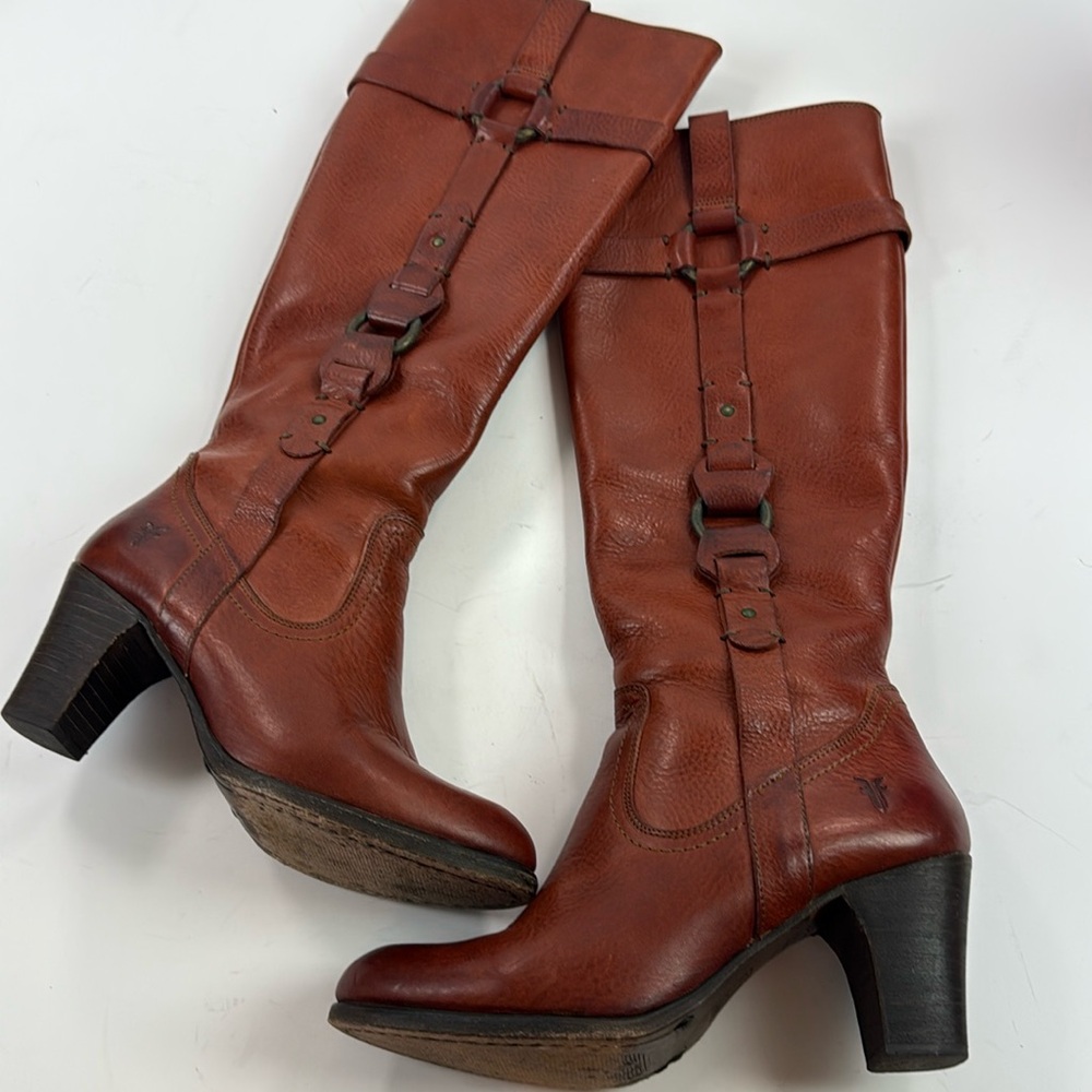 Frye Women's Tall Leather Buckle Riding Boots in Chestnut Brown